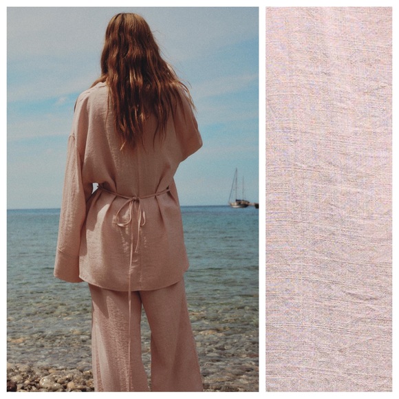 NWT. Zara Chalk Pink Viscose Blend Textured V-Neck Wrap Kimono. Size M-L. - Picture 6 of 13